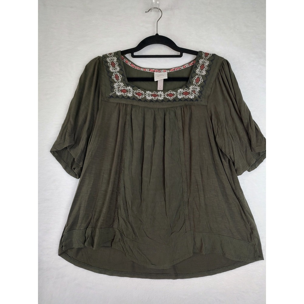 Knox Rose Tunic Top Embroidered Square Neck Olive Green Bohemian Size L